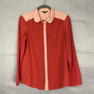 American Eagle Shirt Womens M Button Up Salmon Pink LS Blouse Rayon Colorblock